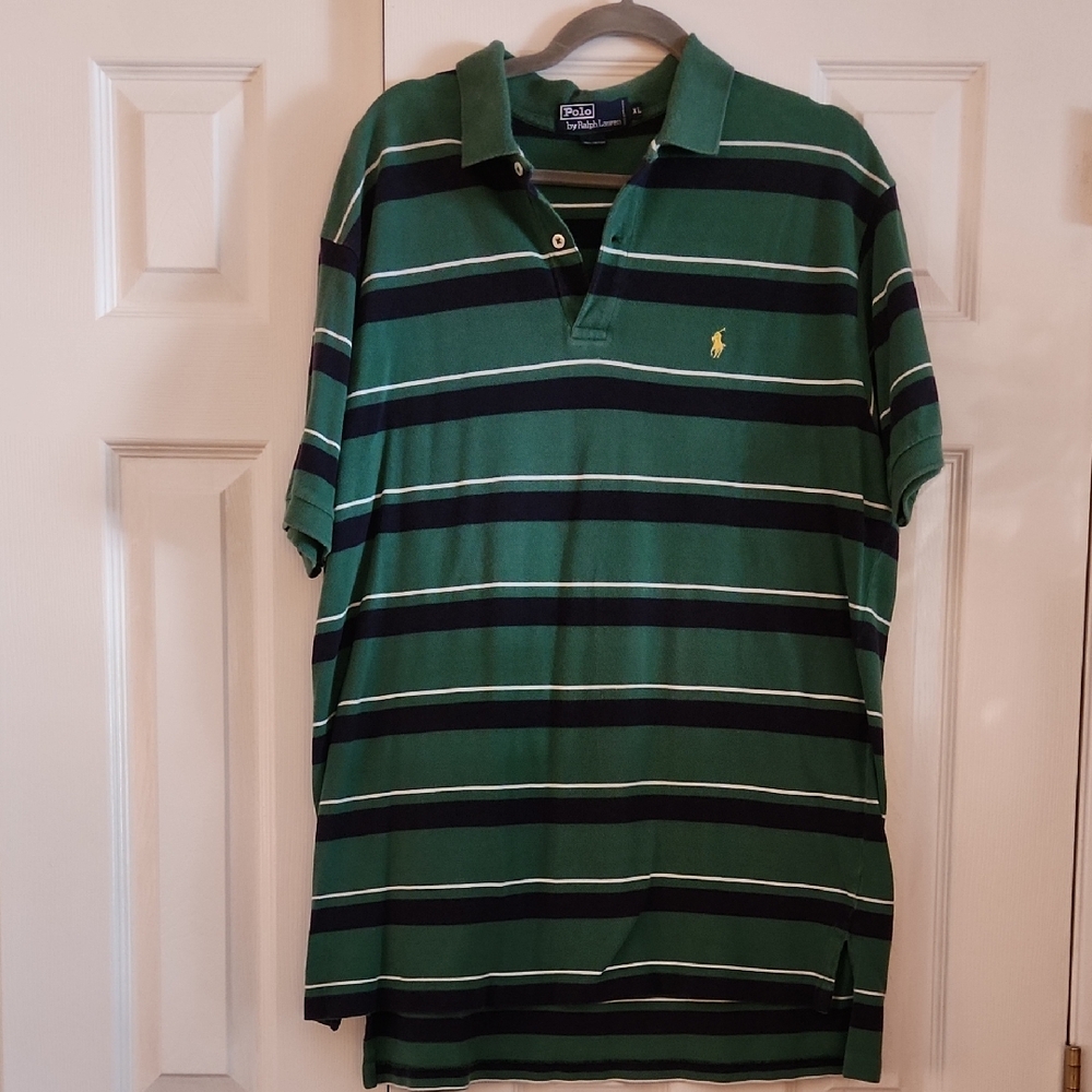 Polo by Ralph Lauren Men's Green and Black Striped Polo Shirt